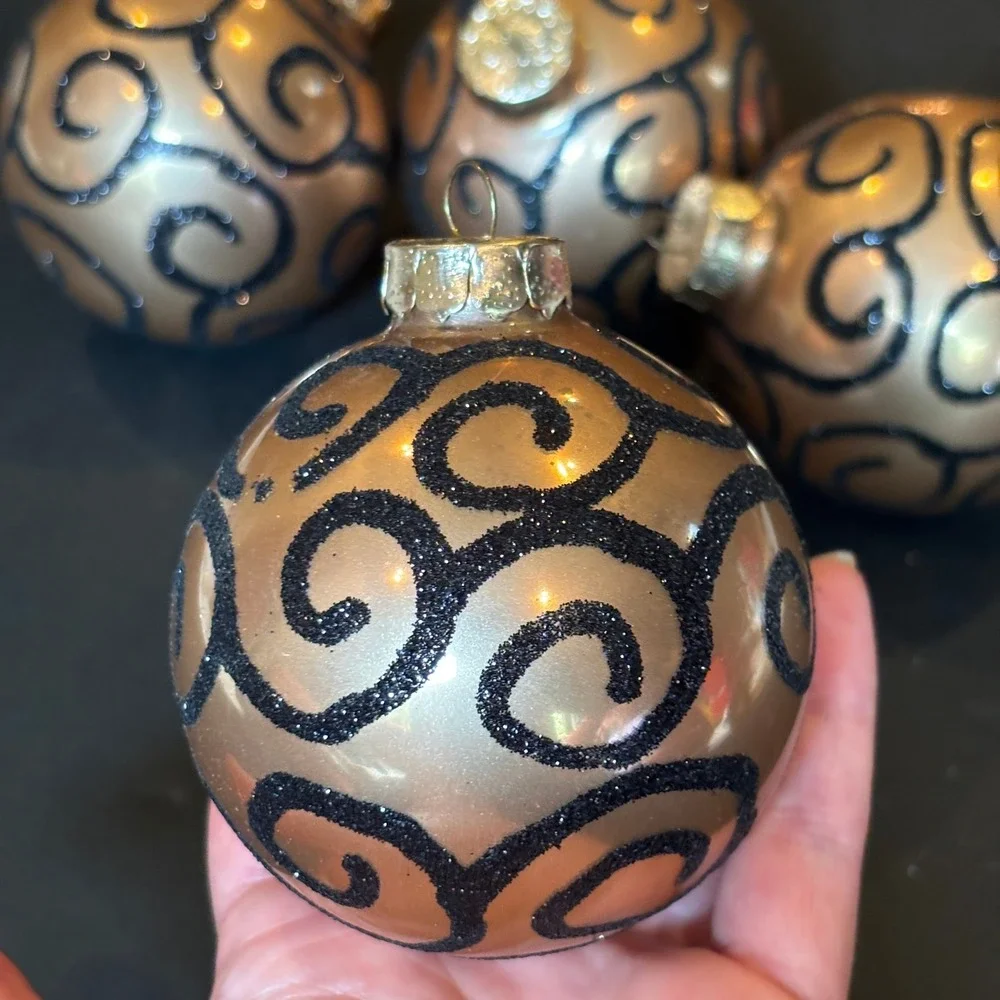 Rauch Gold Black Glitter Swirl Glass Christmas Ornaments Set of 4